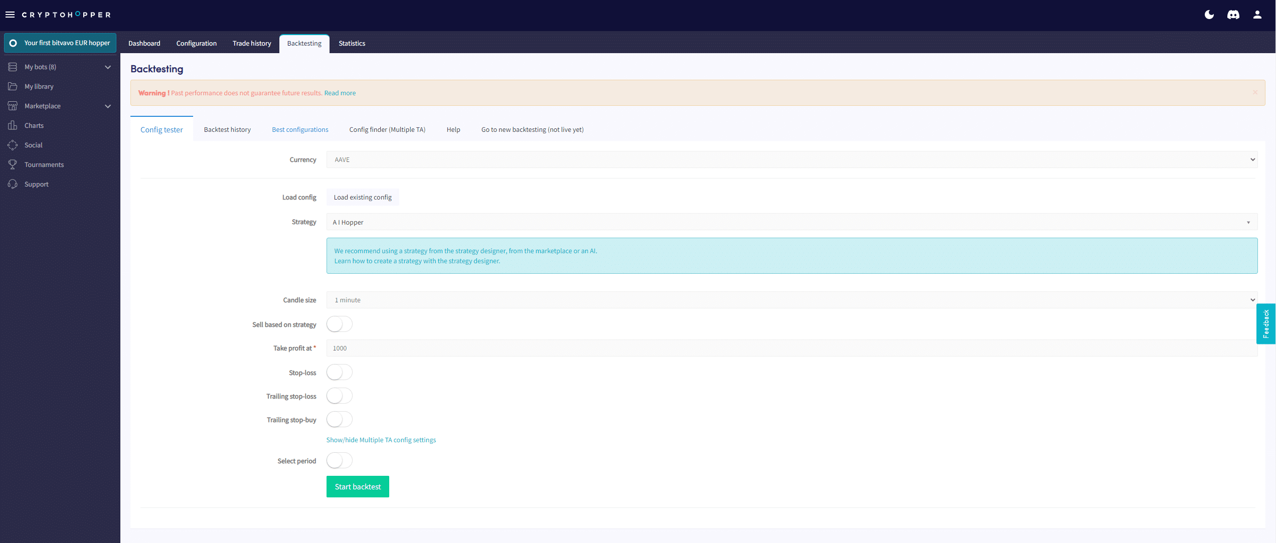 Backtesten uitvoeren in Crypto Hopper 2 backtesten