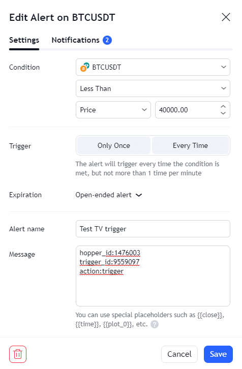كيفية إنشاء مشغلات باستخدام تنبيهات TradingView في Crypto Hopper 1 كيفية إنشاء مشغلات باستخدام تنبيهات TradingView في Crypto Hopper