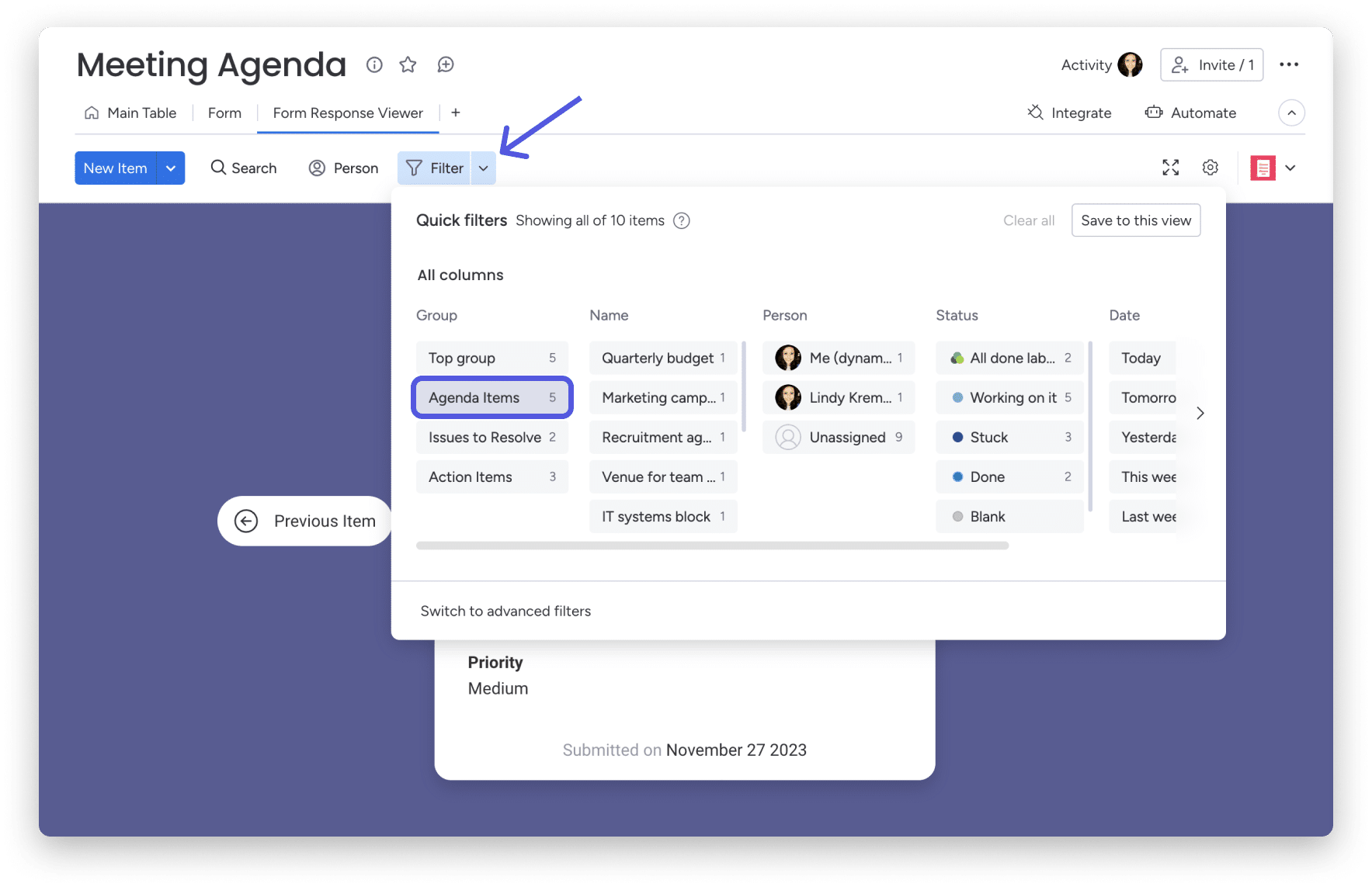 How to view form responses in your boards 6 Form Response View - Filter.png