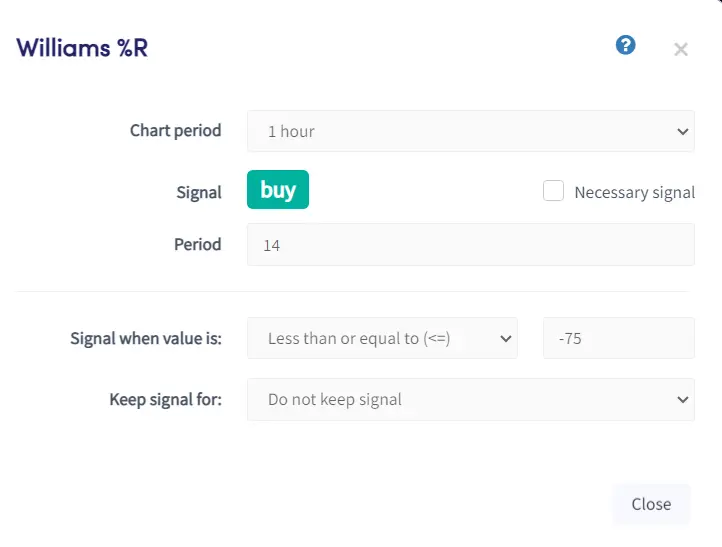 WilliamsR على شراء Cryptohopper