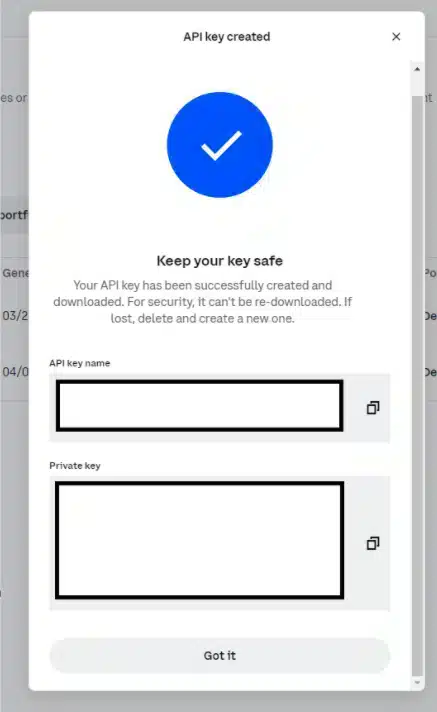 复制和粘贴云 API 密钥 Coinbase