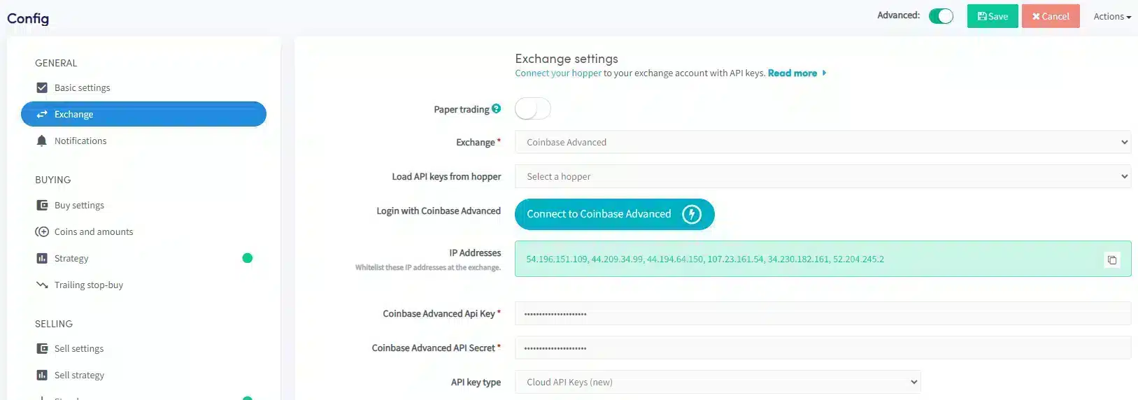 云 API 密钥 Cryptohopper Coinbase