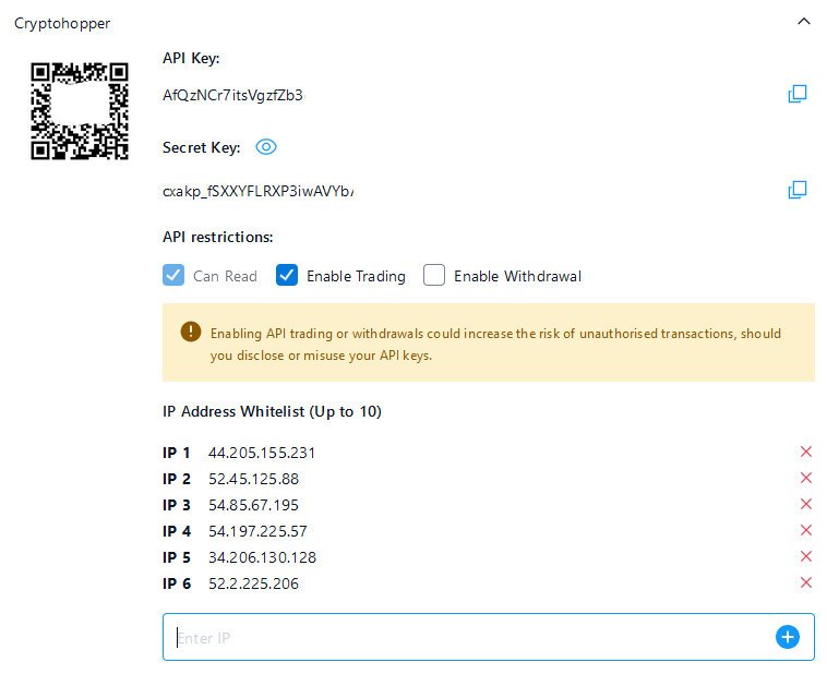 أذونات مفتاح API Cryptohopper